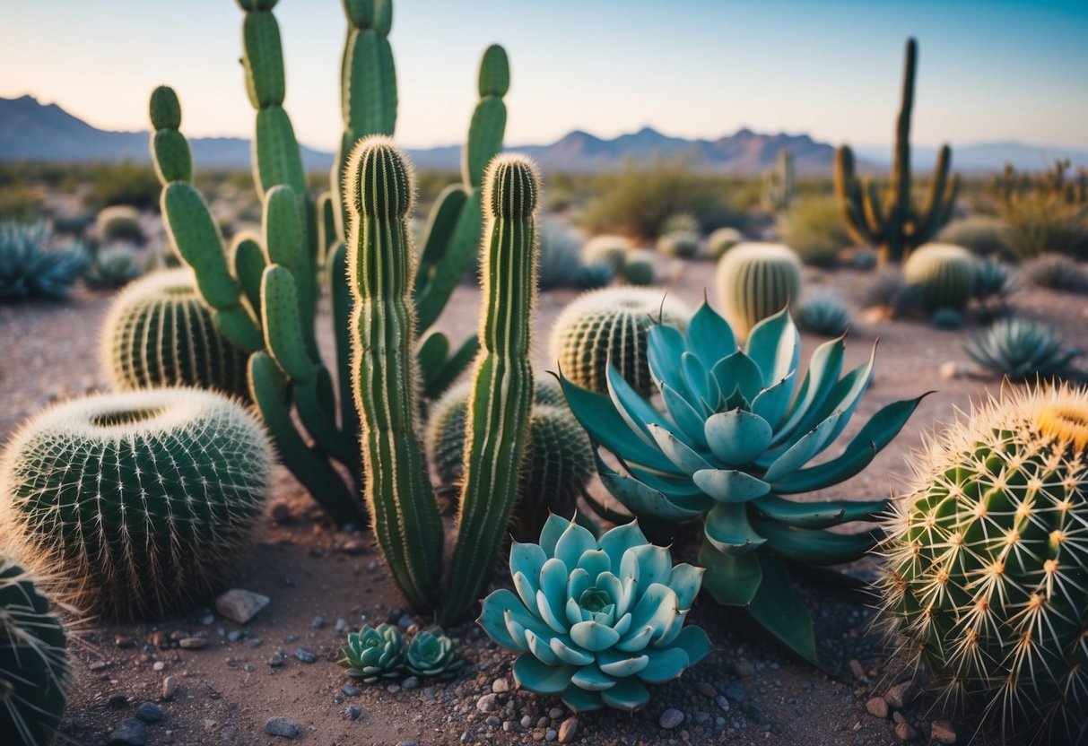 A desert landscape with cacti and succulents thriving in the arid environment, showcasing plants that require minimal water