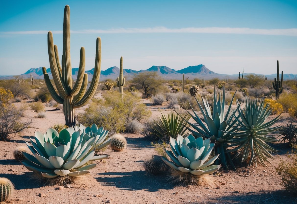 A desert landscape with cacti, succulents, and other drought-resistant plants thriving in the dry, arid environment