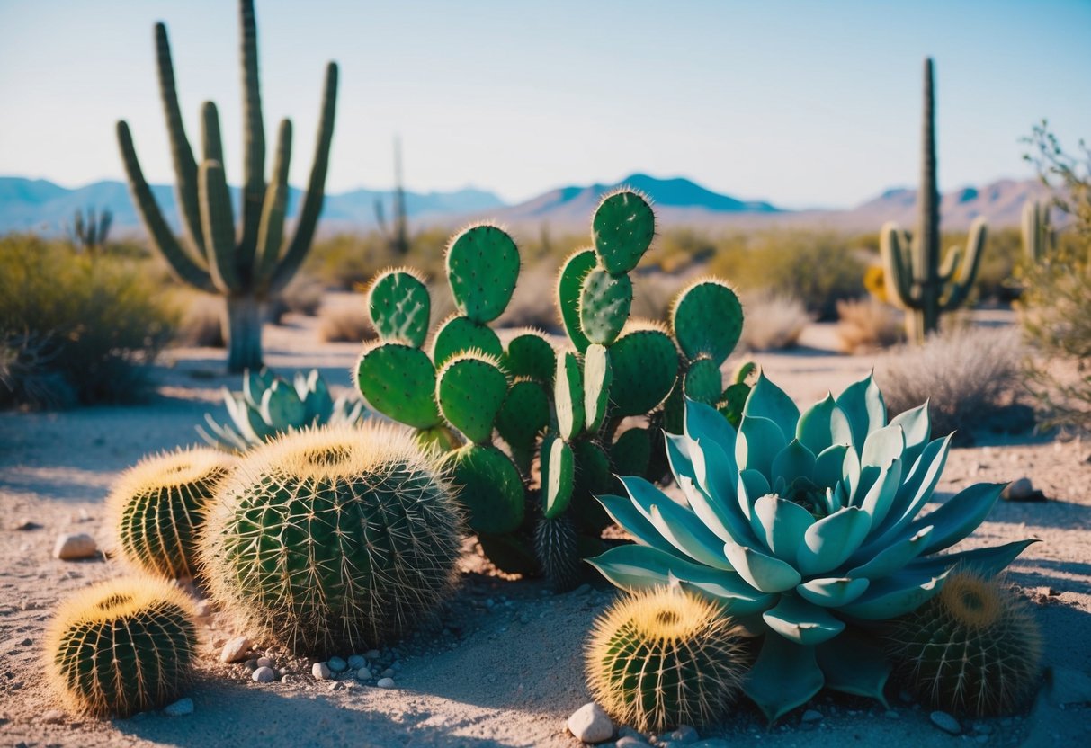 A desert landscape with cacti and succulents thriving in the dry, arid environment, showcasing plants that require minimal water