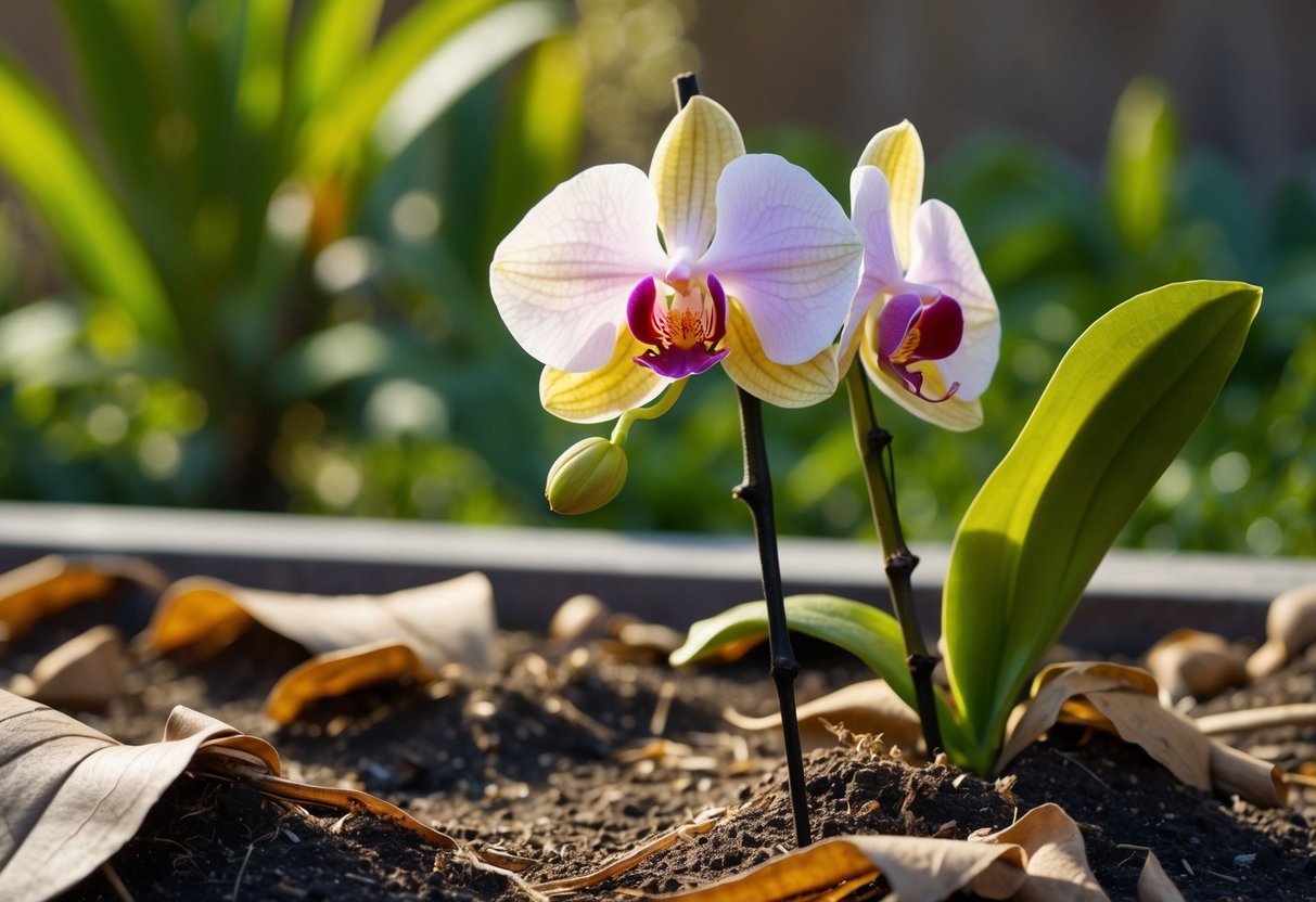 A delicate orchid wilting in a sun-drenched garden, surrounded by withered leaves and dry soil