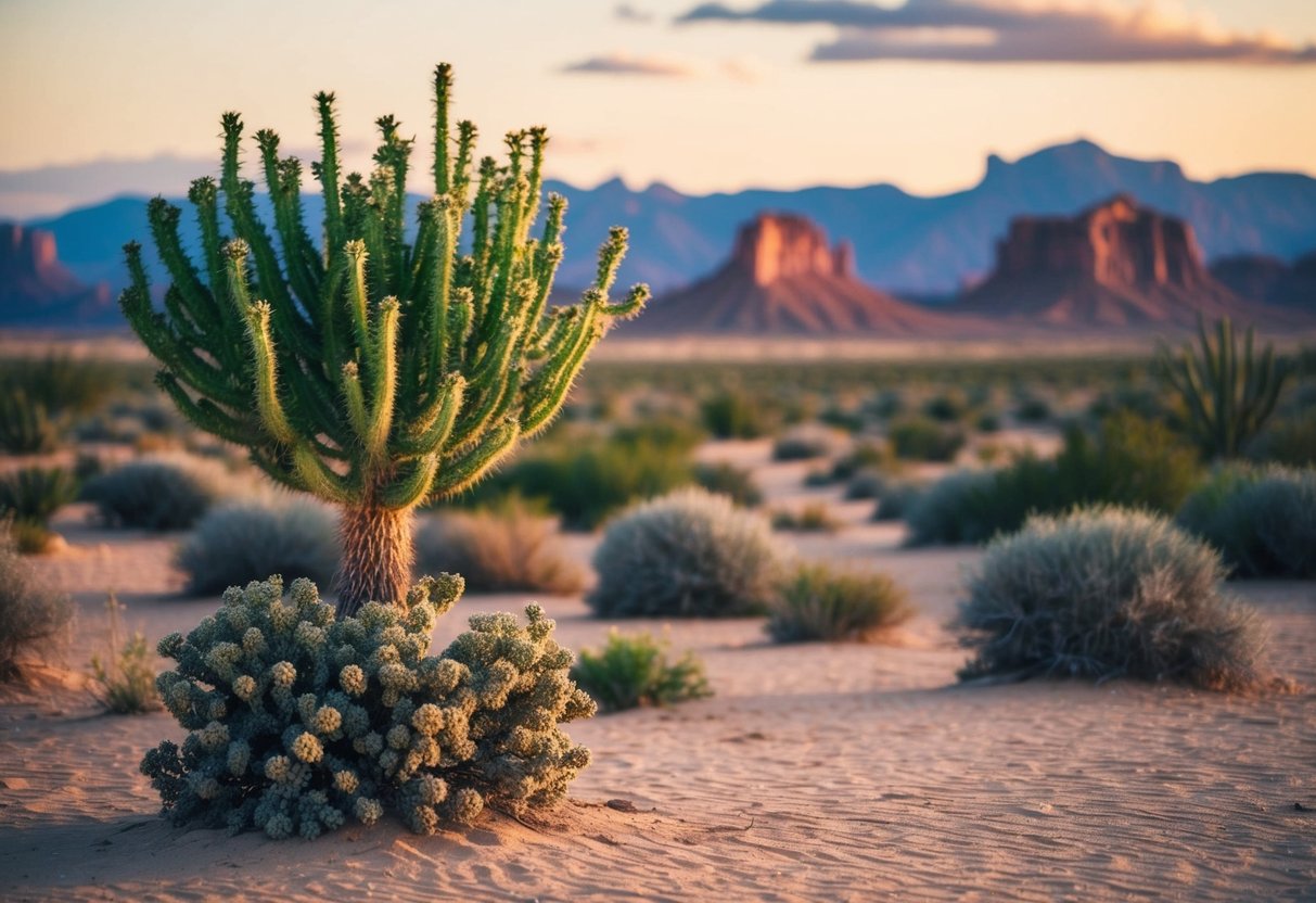 A lush, vibrant desert landscape with a lone, resilient plant thriving in the arid environment without any signs of wilting or dehydration