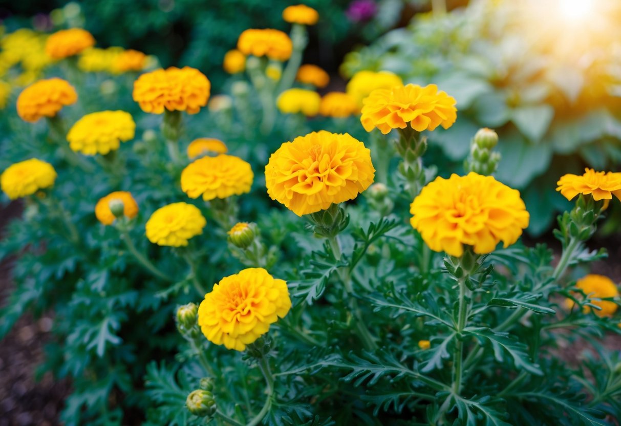 A vibrant garden with marigold flowers in full bloom, surrounded by lush green foliage and basking in the warm sunlight