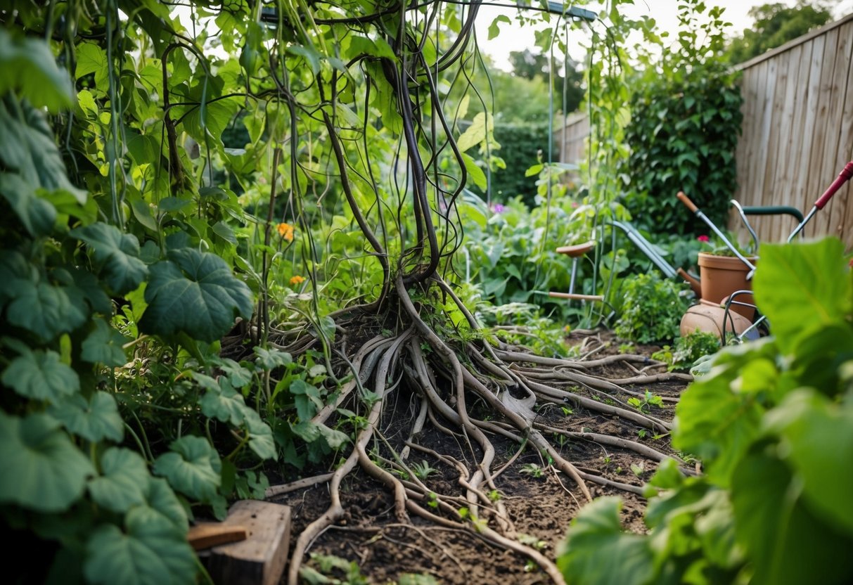 A wilted, overgrown garden with tangled vines and gnarled roots, surrounded by frustrated garden tools