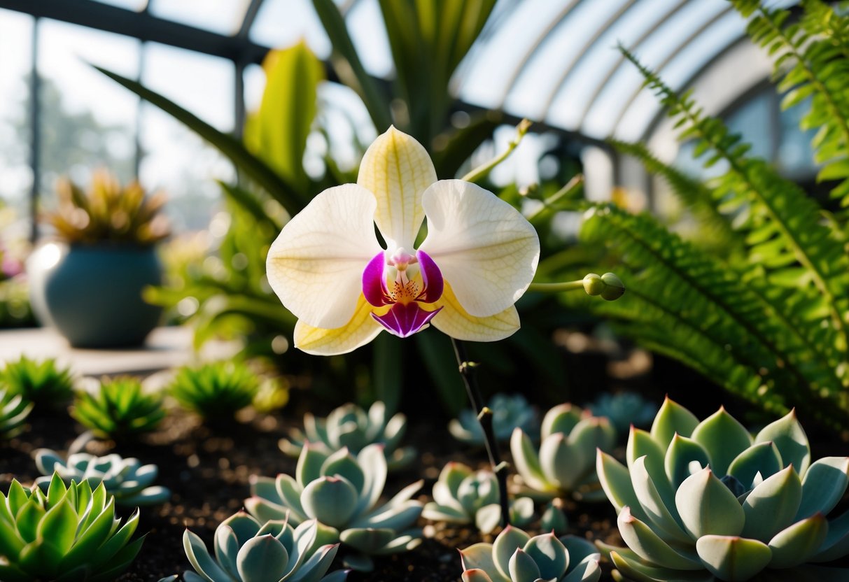 A delicate orchid wilting in a sunlit conservatory, surrounded by thriving succulents and lush ferns