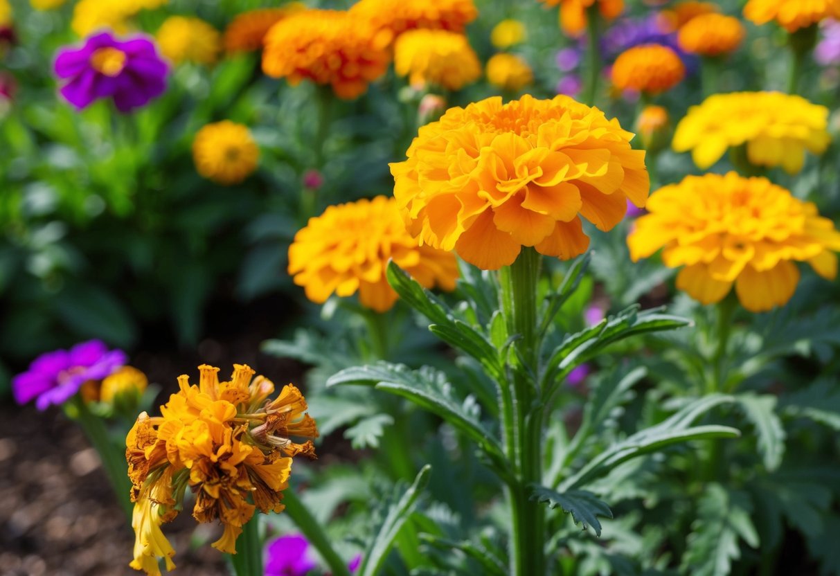 A vibrant marigold plant blooms in a sun-drenched garden, surrounded by other colorful flowers. A wilted marigold nearby suggests the end of its lifespan