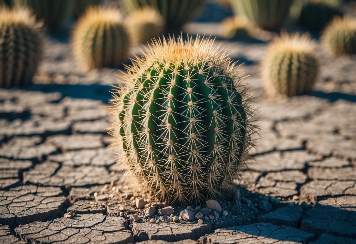 A withered, spiky cactus surrounded by dry, cracked soil, struggling under the harsh sun