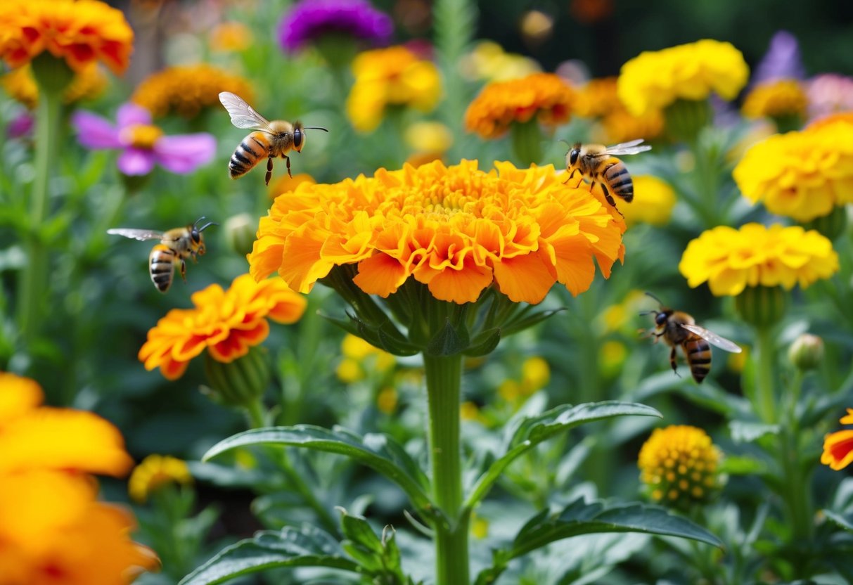 A vibrant marigold plant blooms in a garden, surrounded by other colorful flowers. Bees and butterflies hover around, drawn to the bright yellow and orange petals