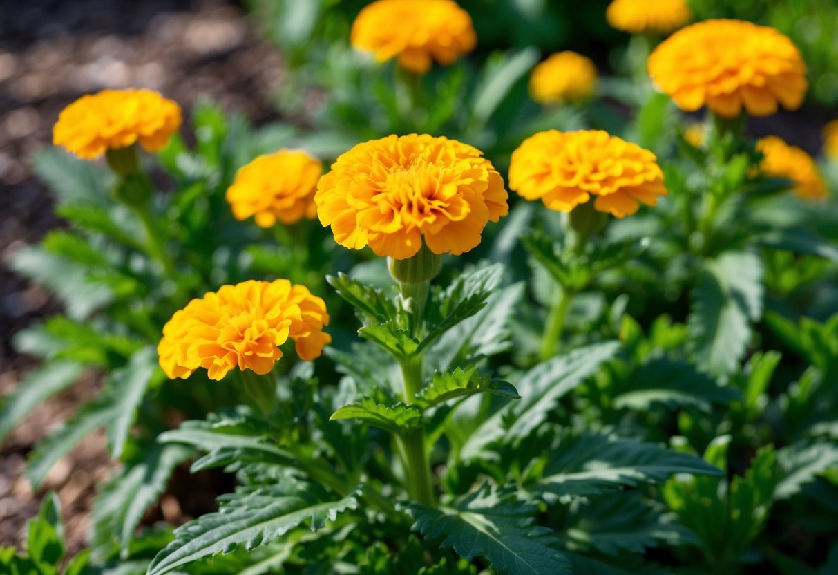 A vibrant marigold plant blooming in a garden, surrounded by green foliage and bathed in sunlight