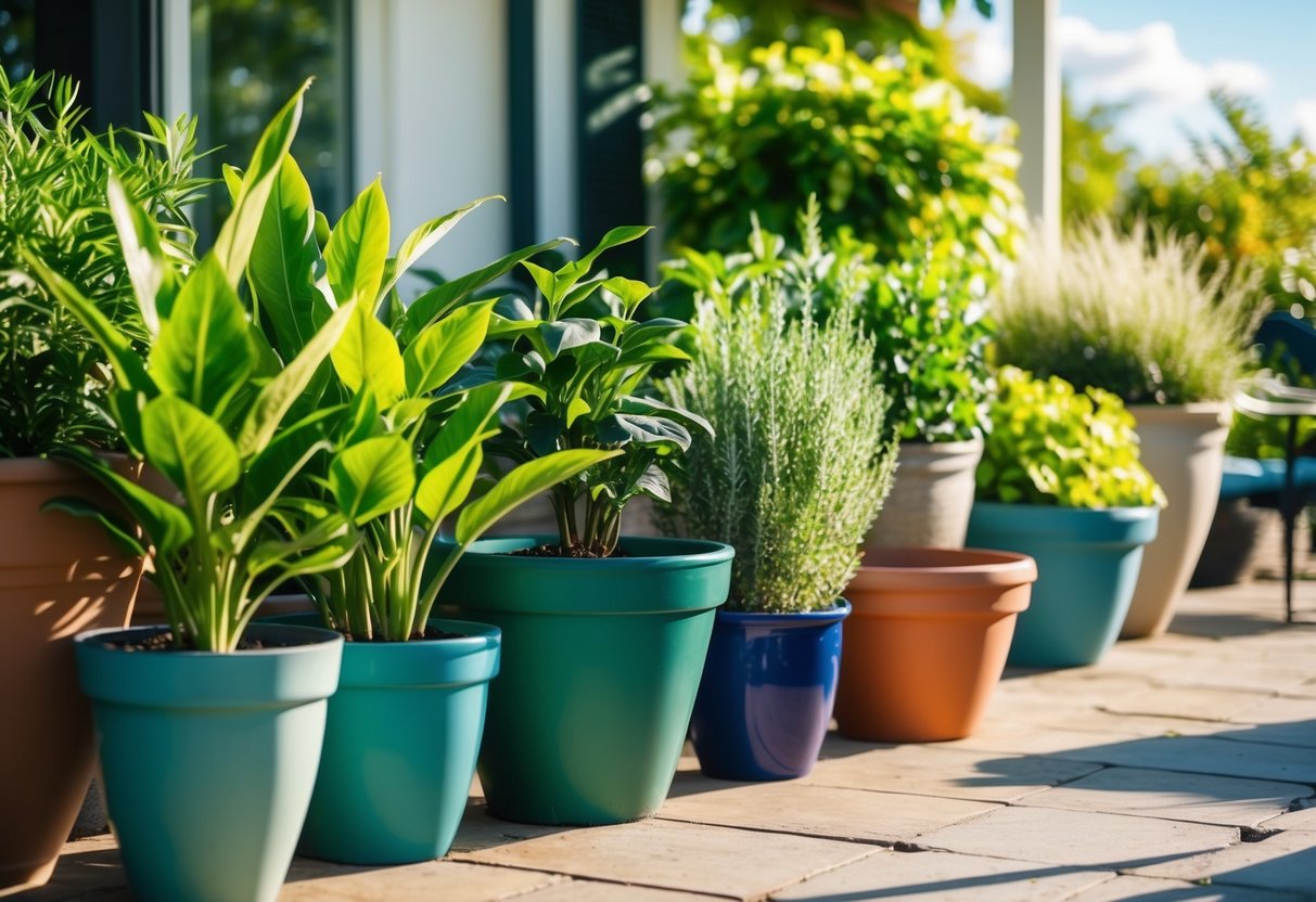 Lush green potted plants thriving in various sizes of pots on a sunny patio