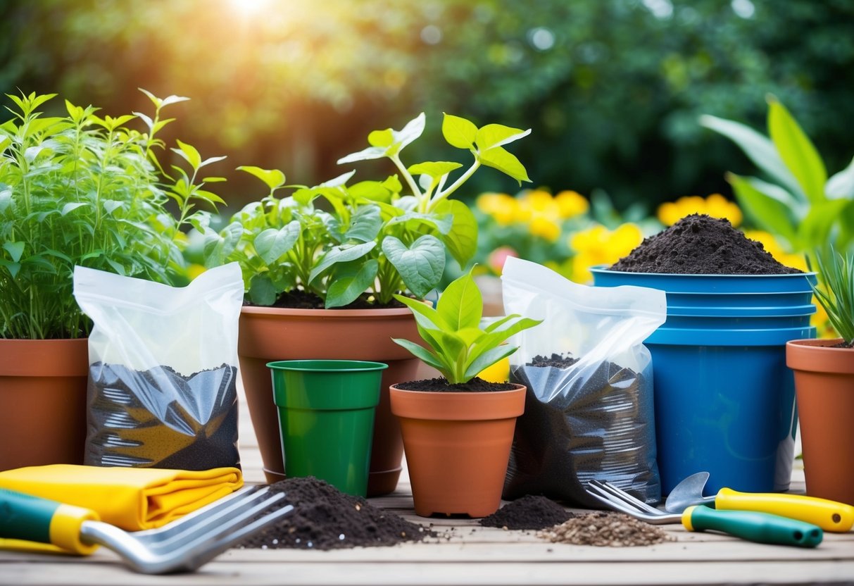 A variety of potted plants surrounded by bags of soil and fertilizer, with gardening tools nearby