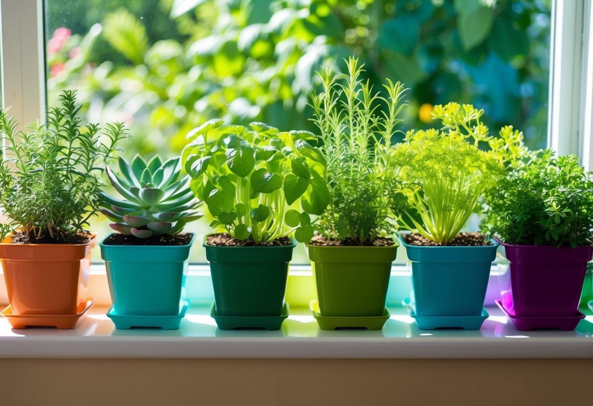 Lush green potted plants thriving on a sunny windowsill, with a variety of easy-to-grow herbs and succulents in colorful containers