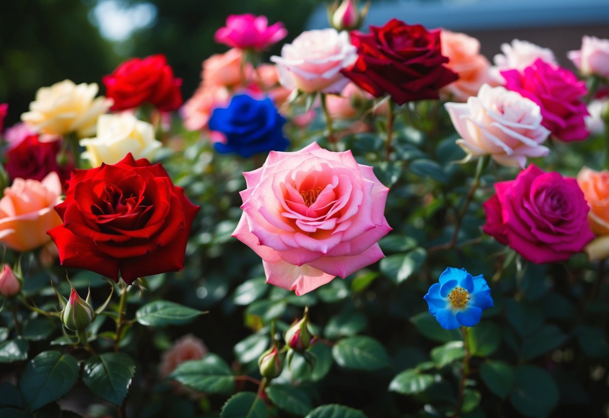 A garden of roses in various shades, from vibrant red to soft pink, with a single, rare blue rose standing out among the others