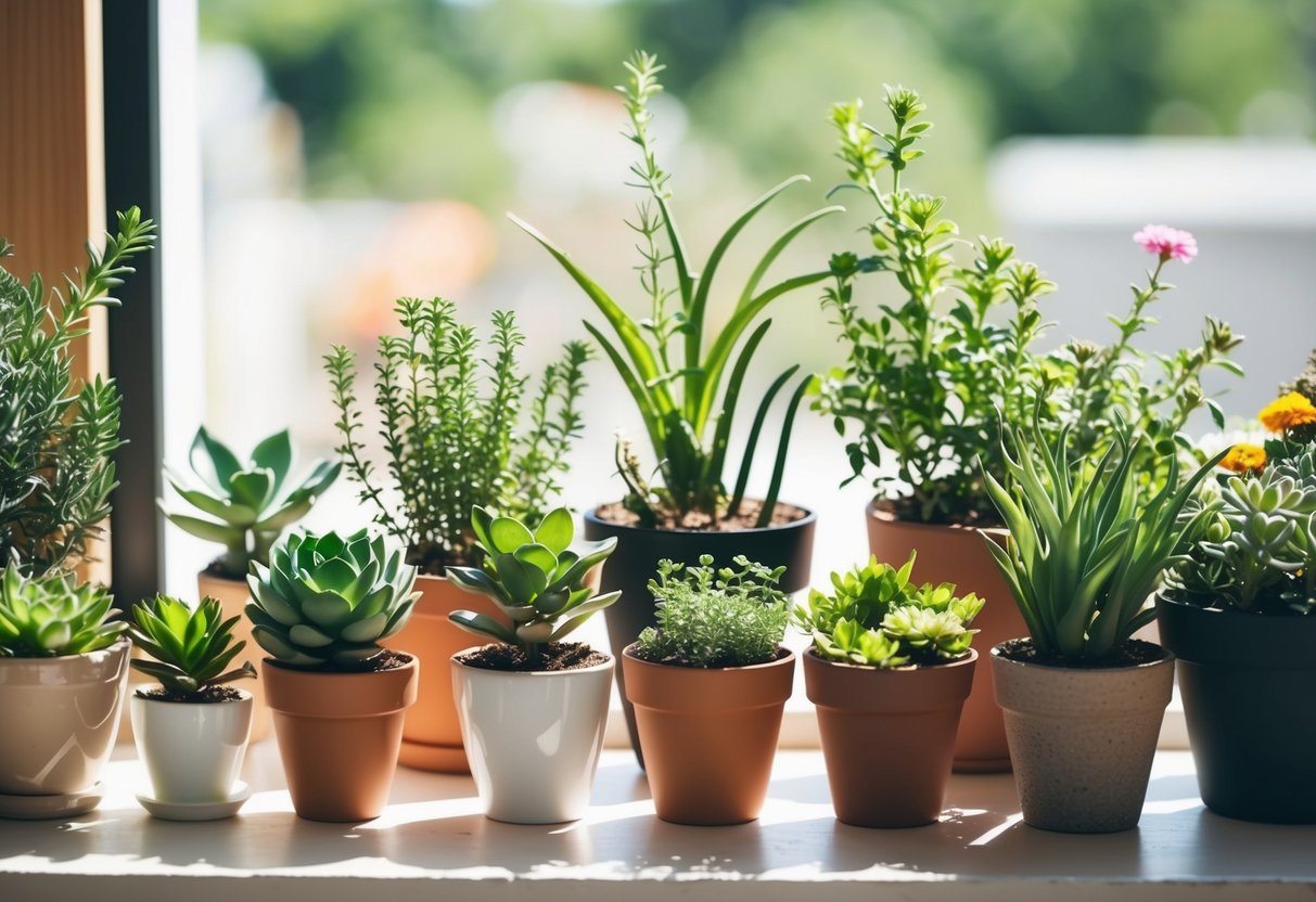 A variety of potted plants, including succulents, herbs, and small flowers, arranged on a sunny windowsill or outdoor patio