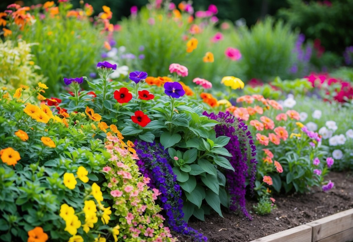 Vibrant summer bedding plants in full bloom, cascading over a well-tended garden bed, with a variety of colorful flowers in different stages of growth