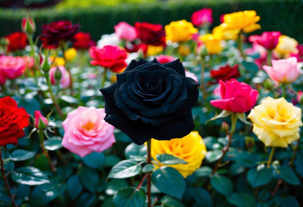 A garden with a single, rare black rose blooming among a sea of vibrant red, pink, and yellow roses