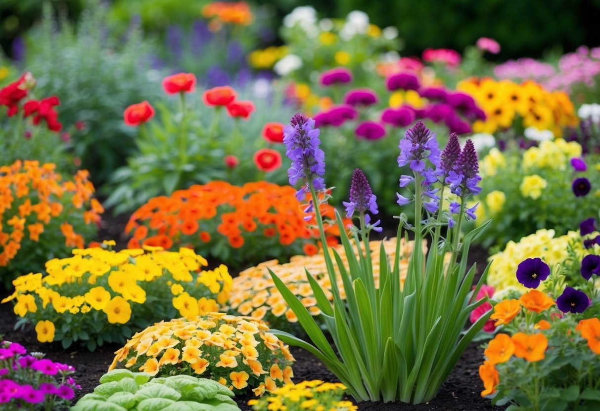 A colorful garden bed with various summer bedding plants in full bloom, showcasing a mix of vibrant and long-lasting flowers