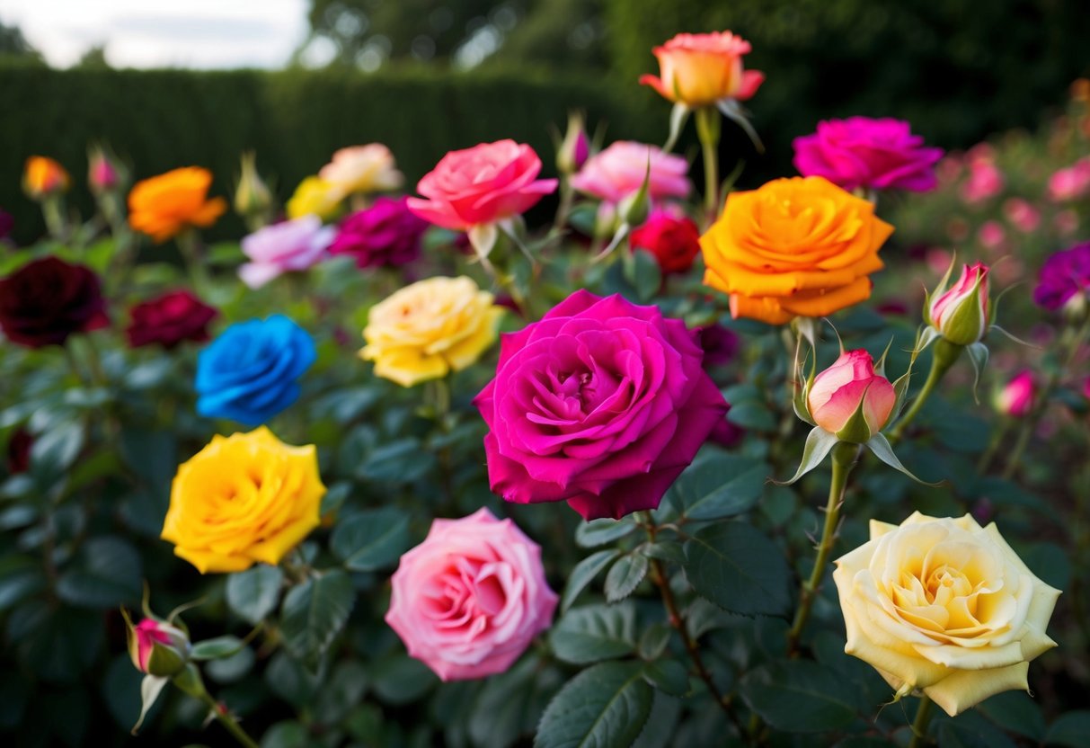 A garden filled with vibrant, rare roses in various colors, with one particularly elusive and unique hue standing out among the rest