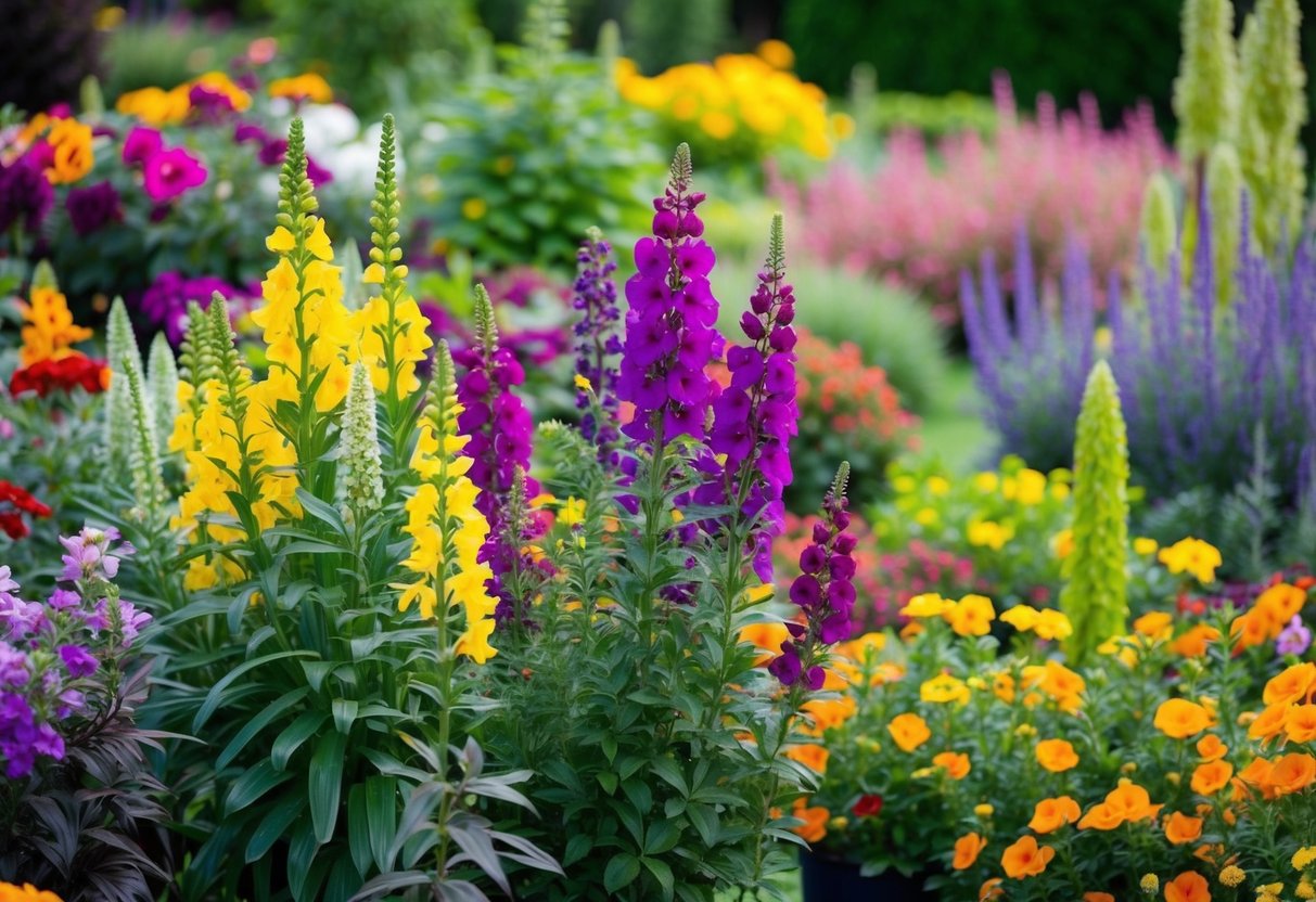 A garden filled with vibrant, long-flowering plants in various colors and heights, creating a lush and colorful display