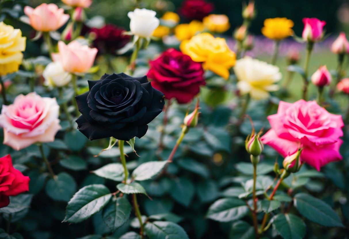 A garden with a single, rare black rose blooming among a variety of colorful roses