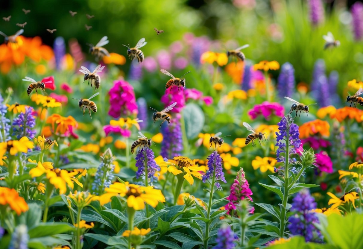 A vibrant summer garden bursting with colorful, long-lasting bedding plants, surrounded by buzzing pollinators in a variety of shapes and sizes