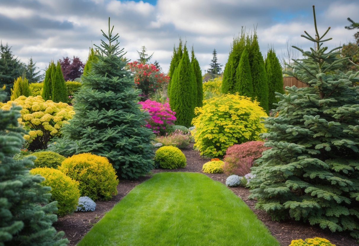 A garden with evergreen shrubs in various colors, blooming and vibrant throughout all seasons