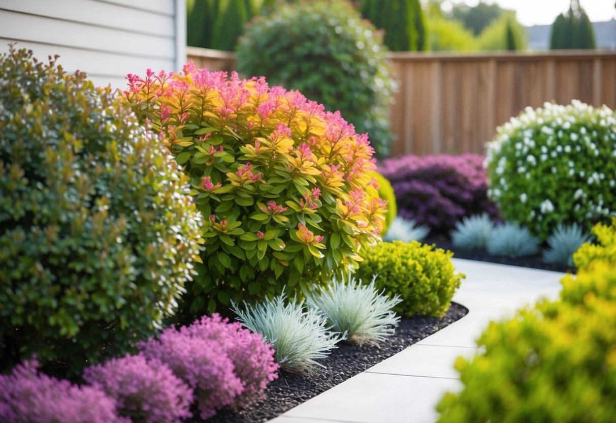 A garden with vibrant, year-round colorful shrubs surrounded by easy-care landscaping and minimal upkeep