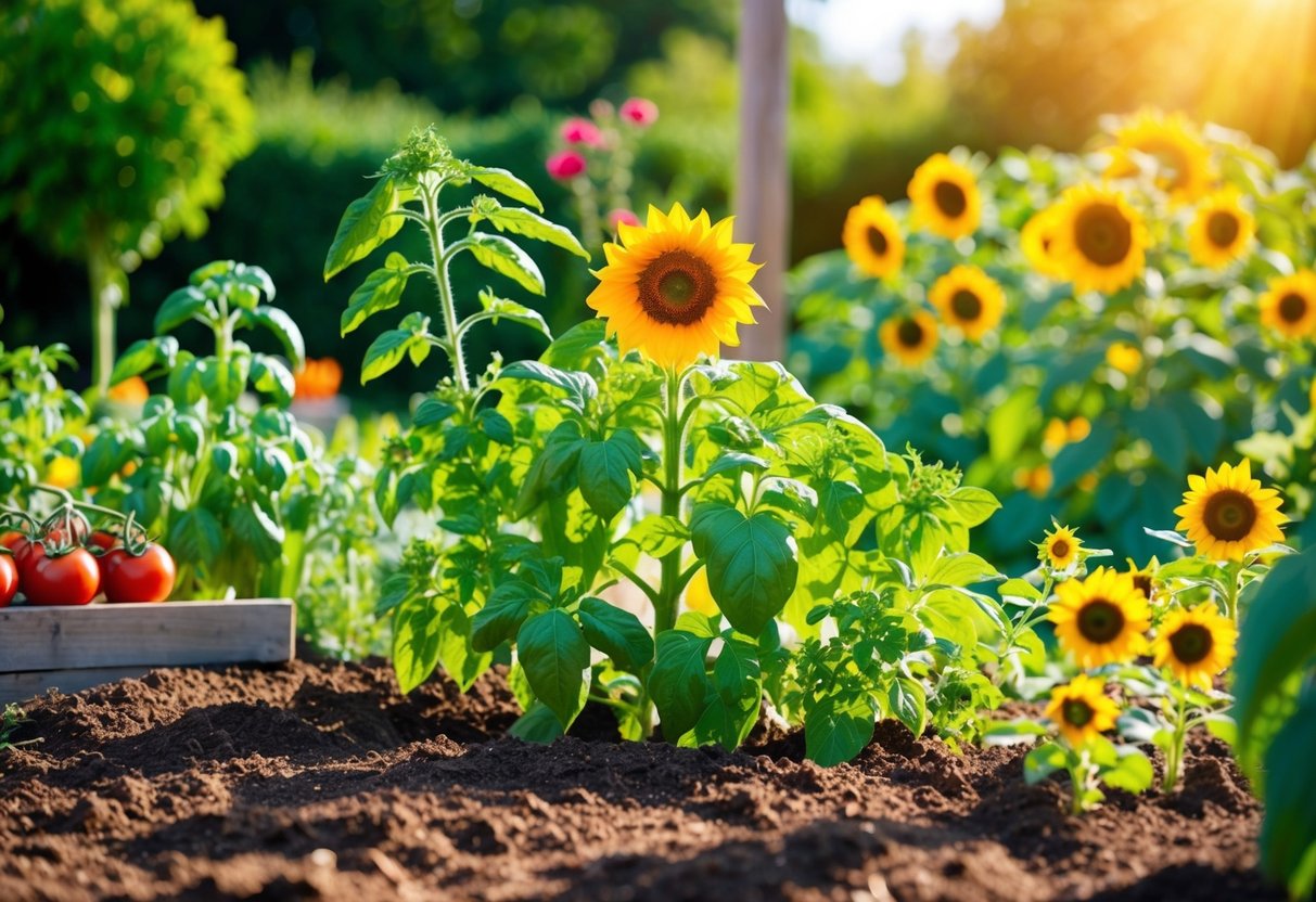 A sunny backyard with rich soil, surrounded by a variety of easy-to-grow plants like tomatoes, basil, and sunflowers