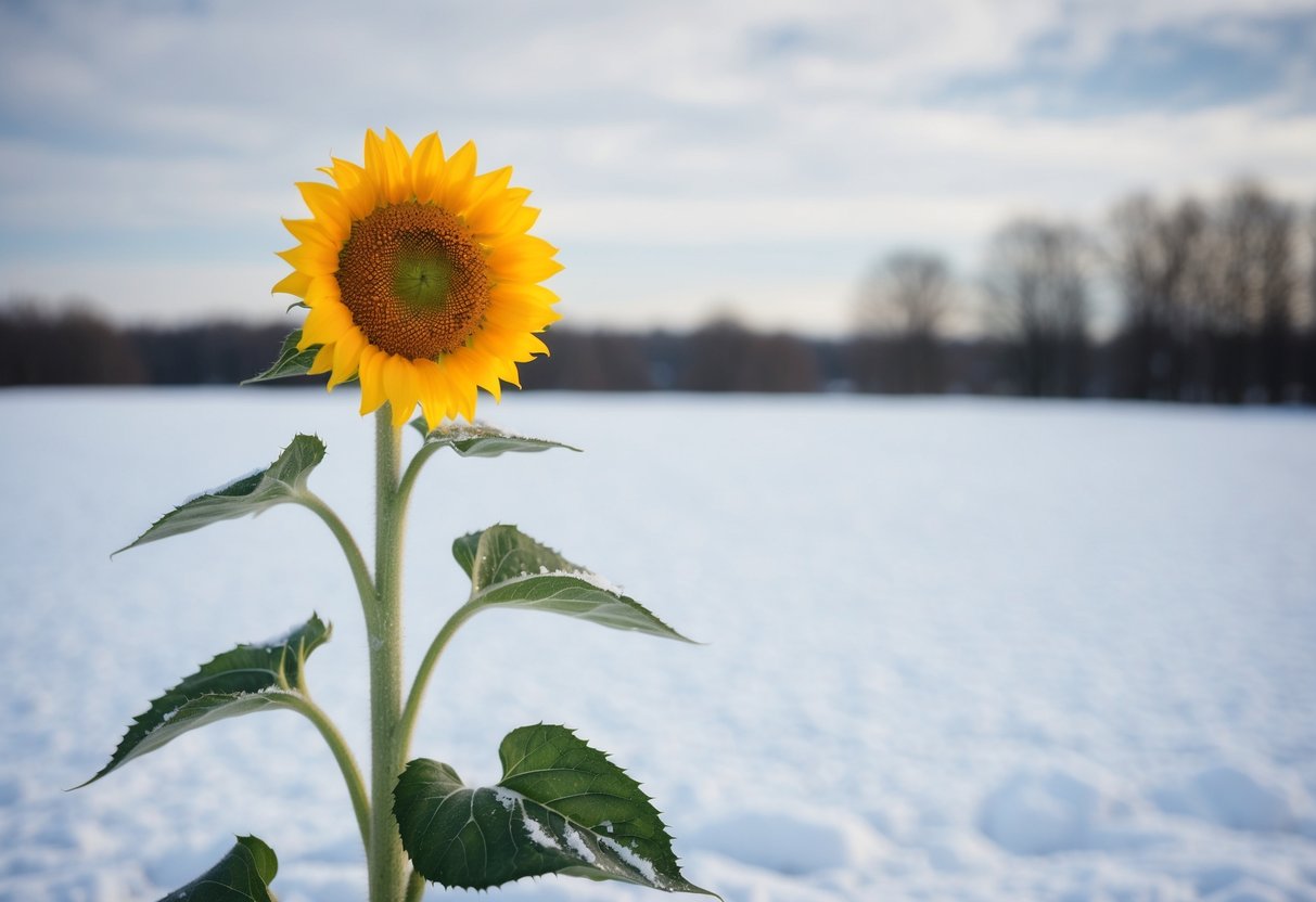 A lone sunflower stands tall in a snow-covered field, its vibrant yellow petals contrasting against the white backdrop. The flower's sturdy stalk and resilient bloom symbolize its hardiness