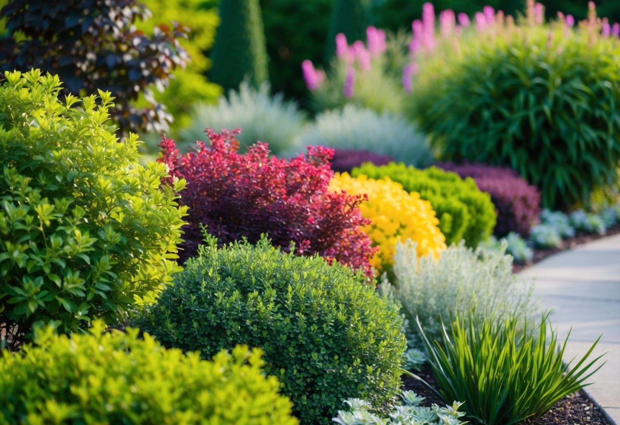 A garden with vibrant, low-maintenance shrubs in various colors, surrounded by lush greenery and complementing the overall landscape design