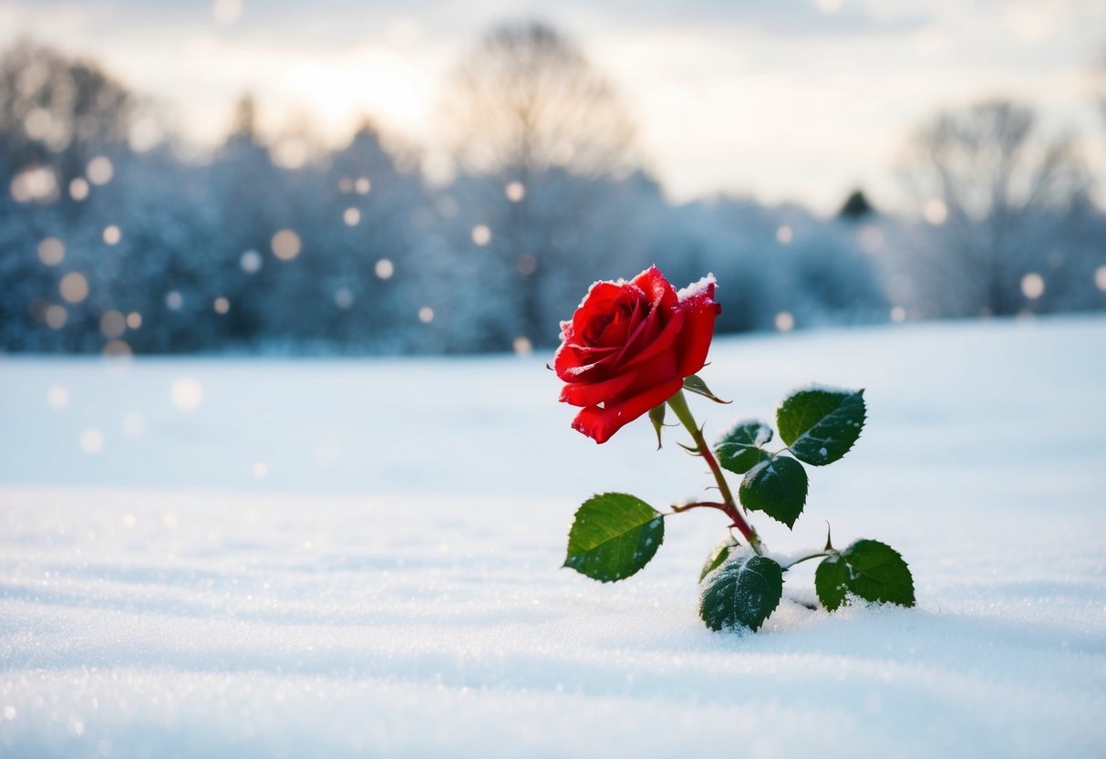 A snow-covered landscape with a single red rose blooming amidst the frost