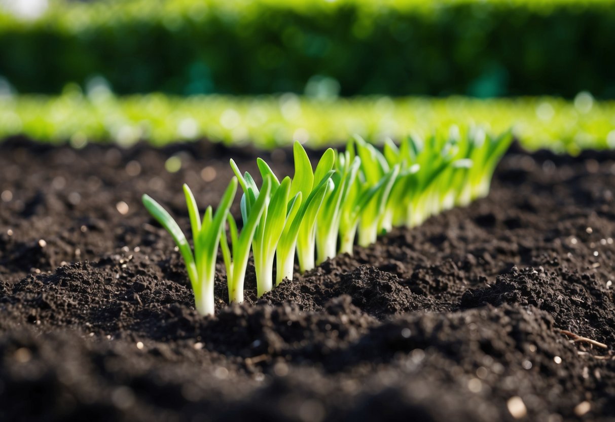 A small, freshly tilled garden bed with a row of vibrant green sprouts emerging from the rich, dark soil