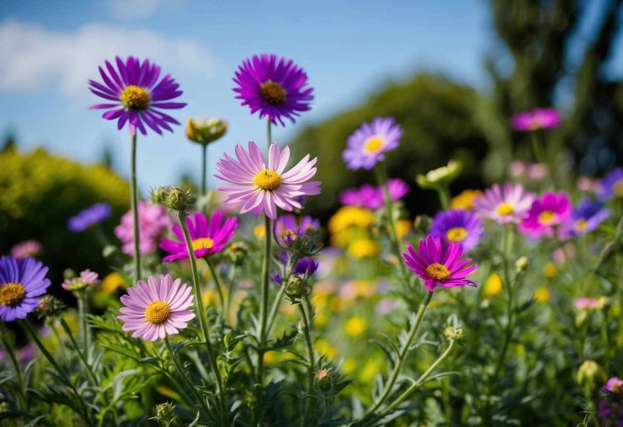 A vibrant garden filled with hardy flowers in full bloom, showcasing their resilience and beauty against the backdrop of a clear blue sky