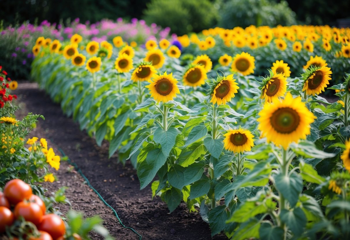 A vibrant garden with rows of thriving sunflowers and tomatoes, surrounded by lush greenery and colorful blooms