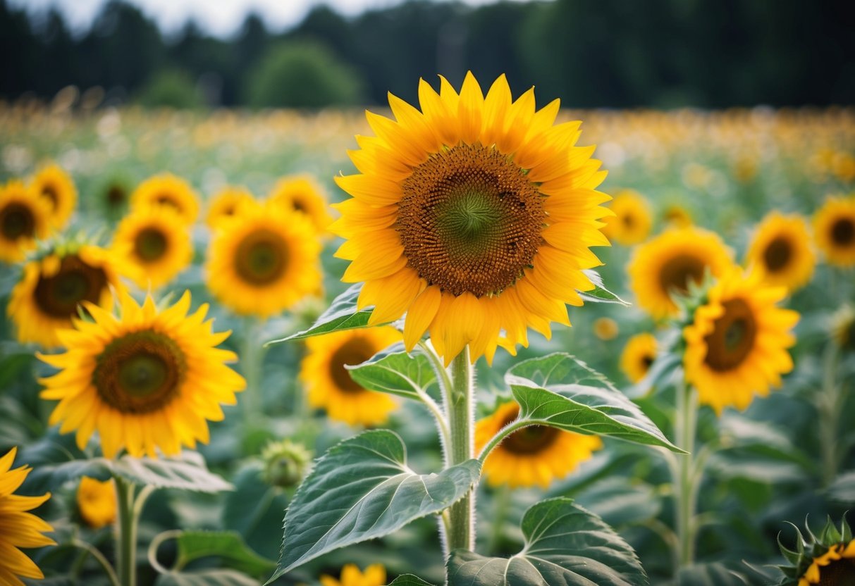 A vibrant, resilient sunflower standing tall amidst a field of wildflowers, symbolizing the hardiness and strength of nature's blooms