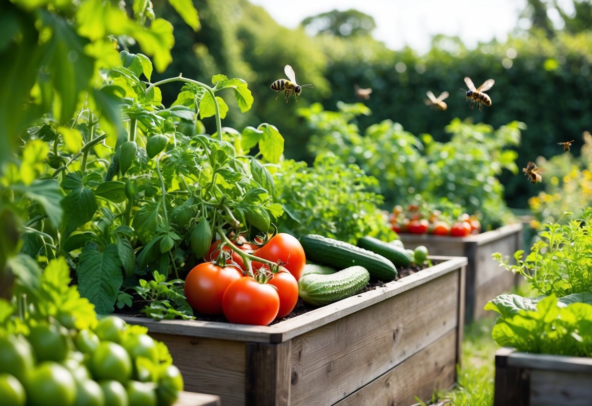 A vibrant garden with ripe tomatoes, cucumbers, and herbs overflowing from raised beds, surrounded by lush greenery and buzzing with pollinators