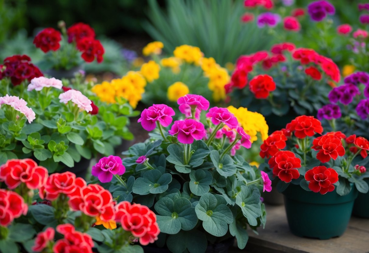 A vibrant garden with various geranium varieties, some thriving in full sun while others flourish in the shade