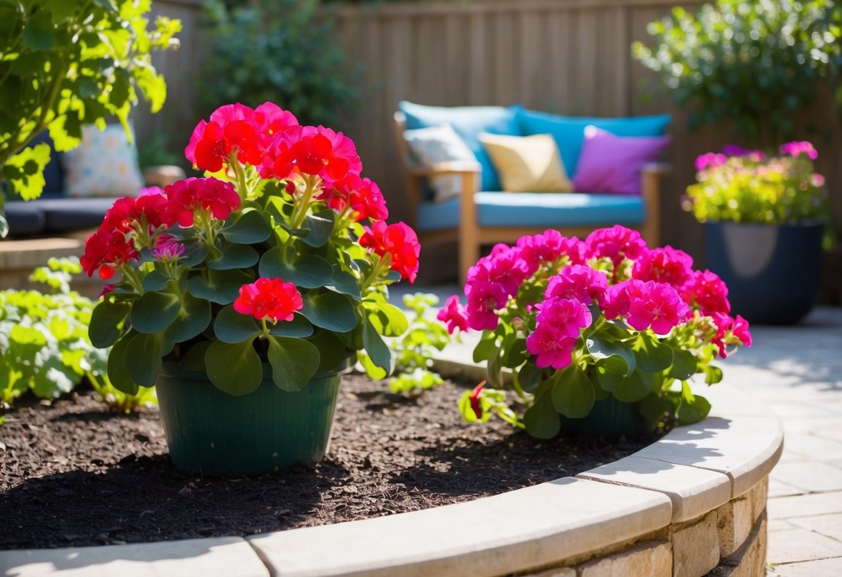 A vibrant geranium plant thrives in a sunny garden bed, while another flourishes in the shaded corner of a cozy patio