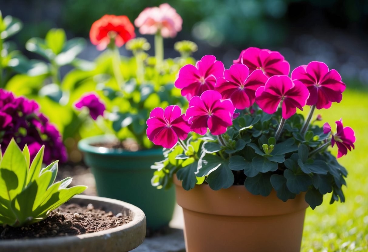 A vibrant geranium plant thrives in a sunlit garden, while another struggles in a shaded area