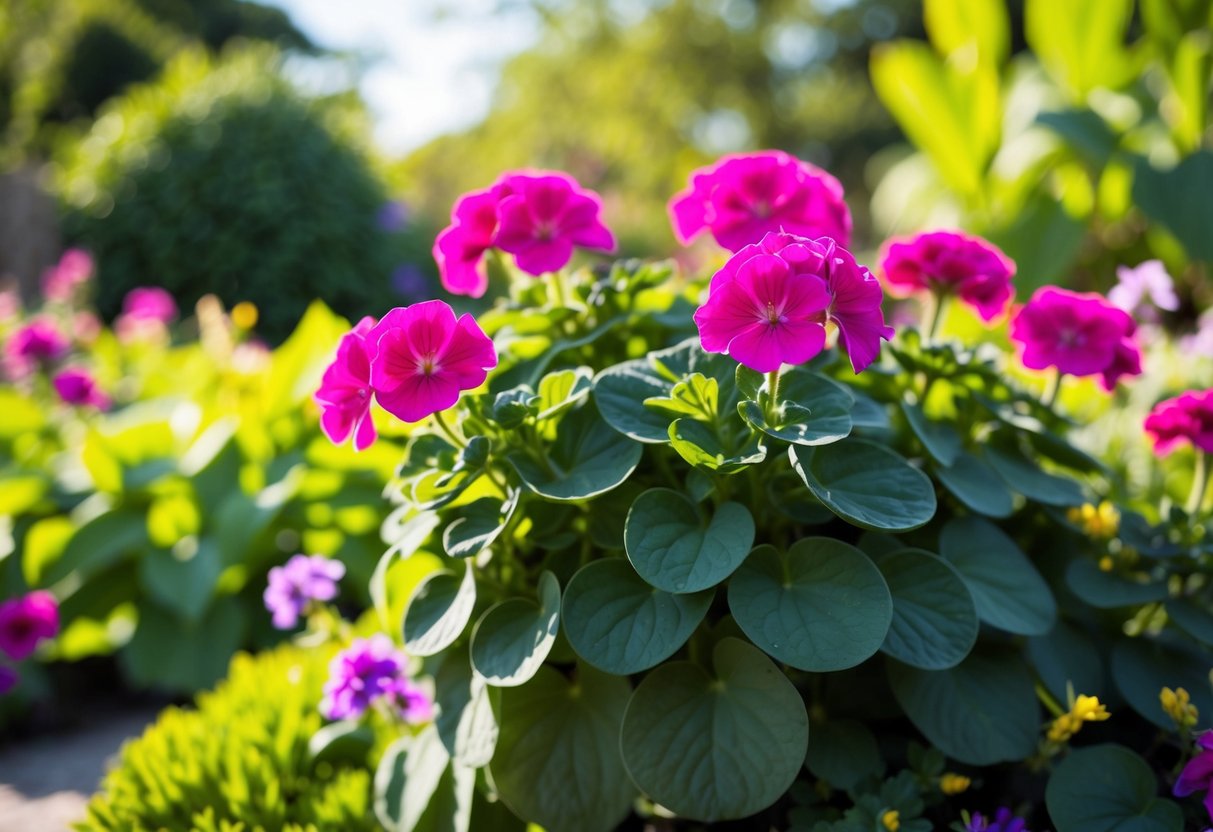 A vibrant geranium plant thrives in a sunlit garden, surrounded by lush foliage and blooming flowers