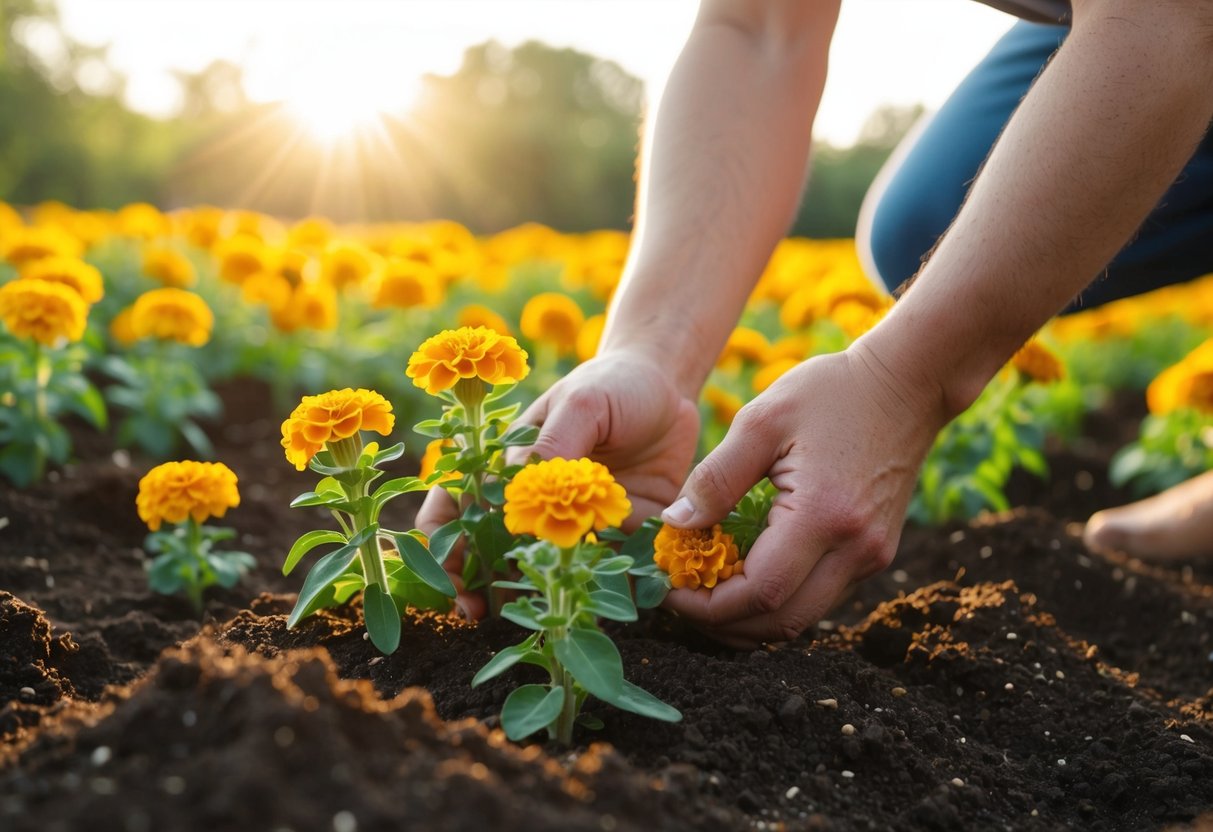 A pair of hands planting marigold seeds in rich, well-drained soil under the warm rays of the sun