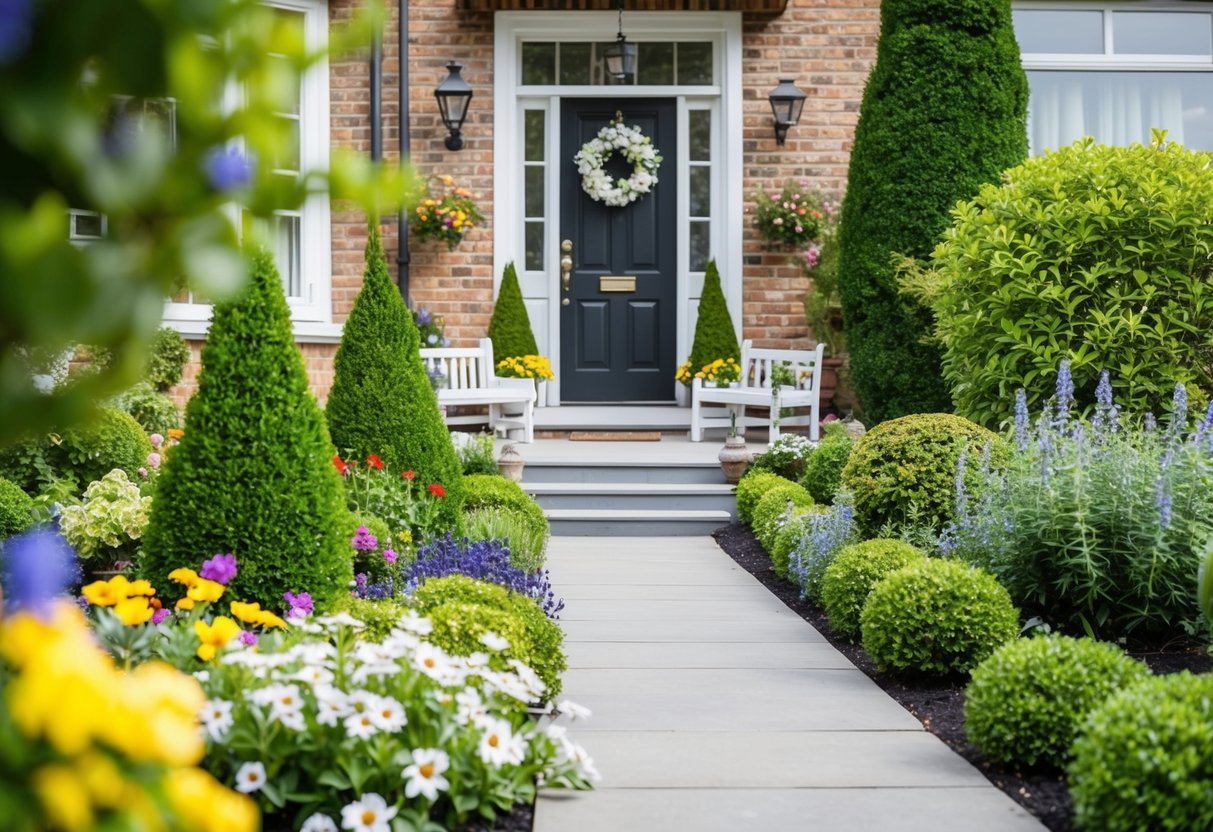 A quaint front garden with colorful flowers and neatly trimmed shrubs, a welcoming pathway leading to the front door, and a charming bench or decorative elements