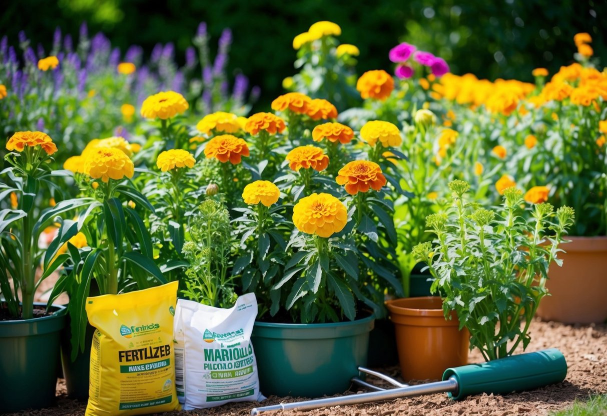 A sunny garden with a variety of marigold plants in different stages of growth, surrounded by gardening tools and bags of fertilizer