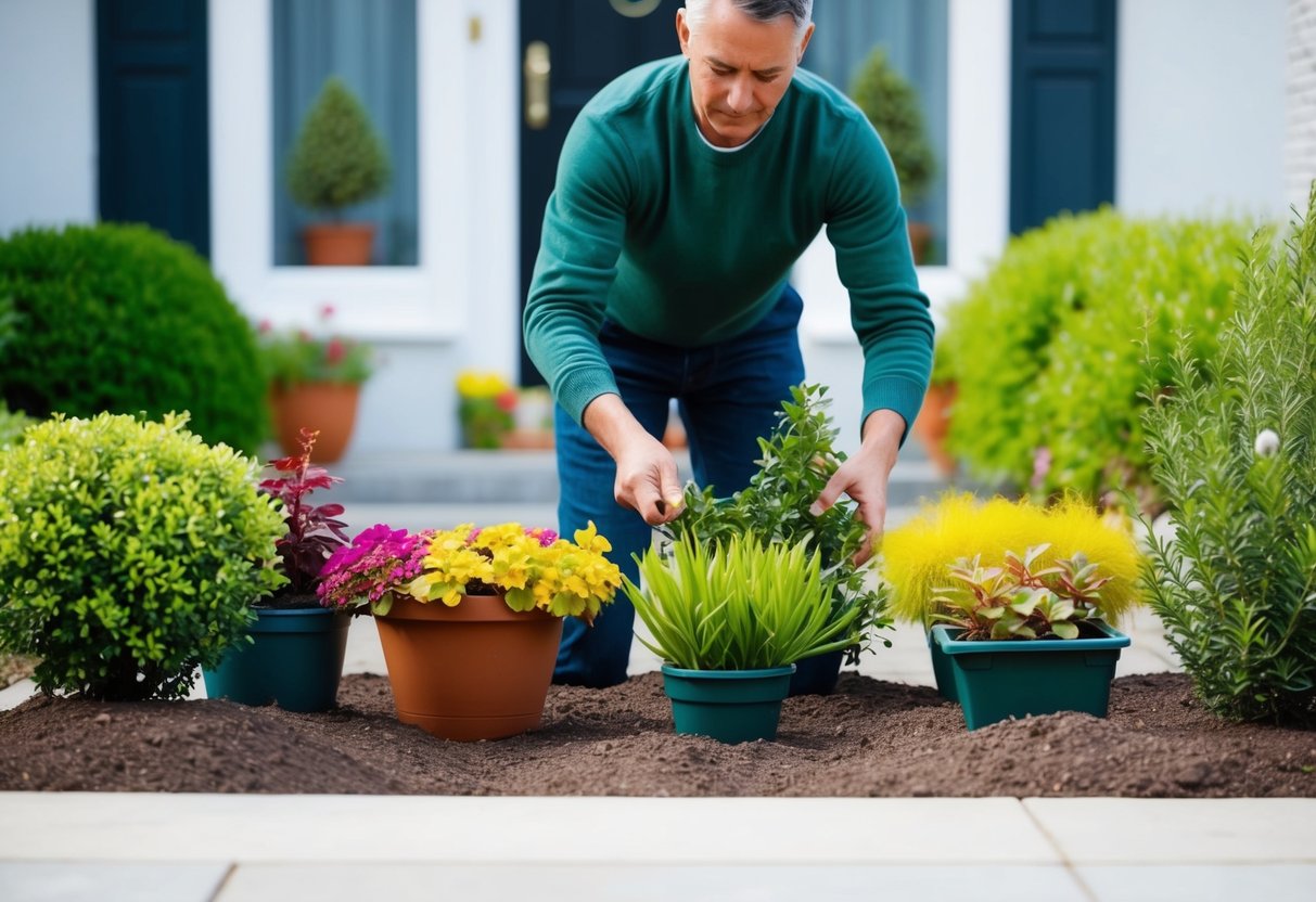 A person arranging colorful plants and shrubs in a small front garden, creating a visually appealing and well-balanced landscape