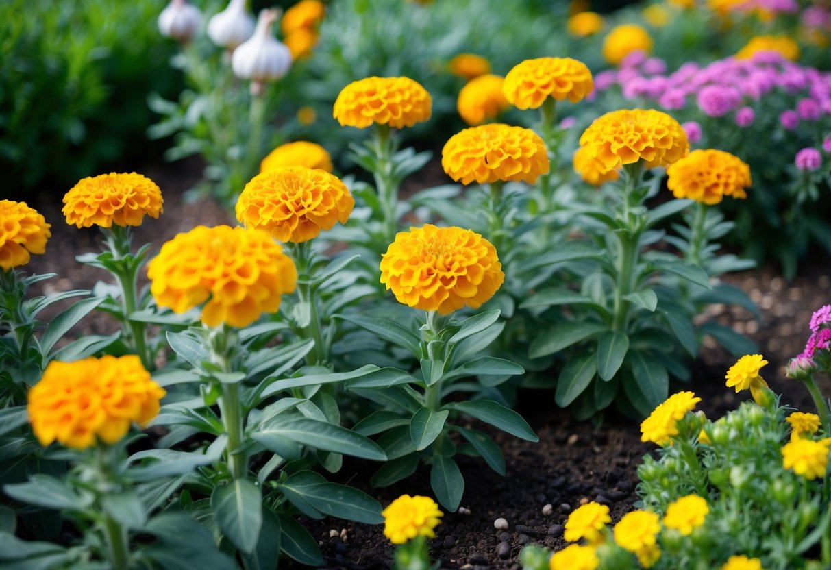 A garden scene with marigold plants surrounded by natural pest deterrents like garlic and chrysanthemums, and disease-preventing measures such as proper spacing and well-drained soil