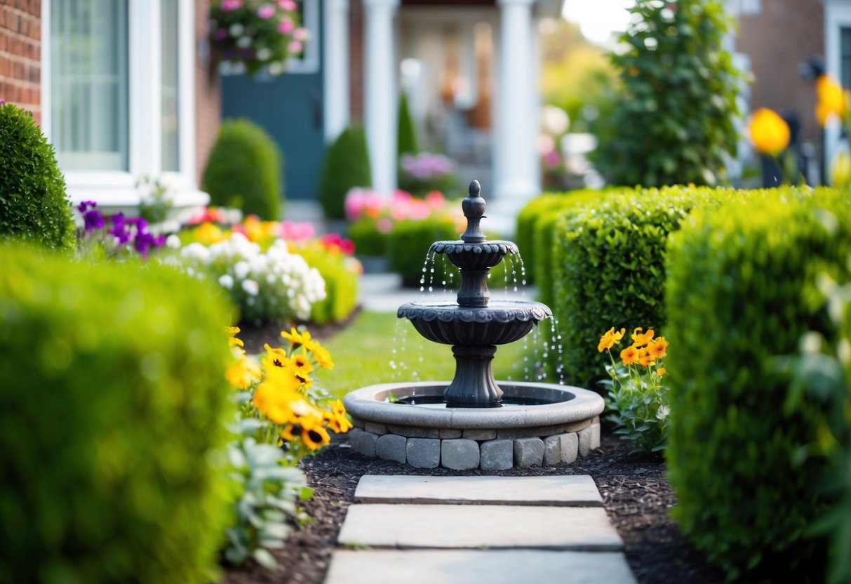 A small front garden with colorful flowers, neatly trimmed hedges, a stone pathway, and a decorative fountain