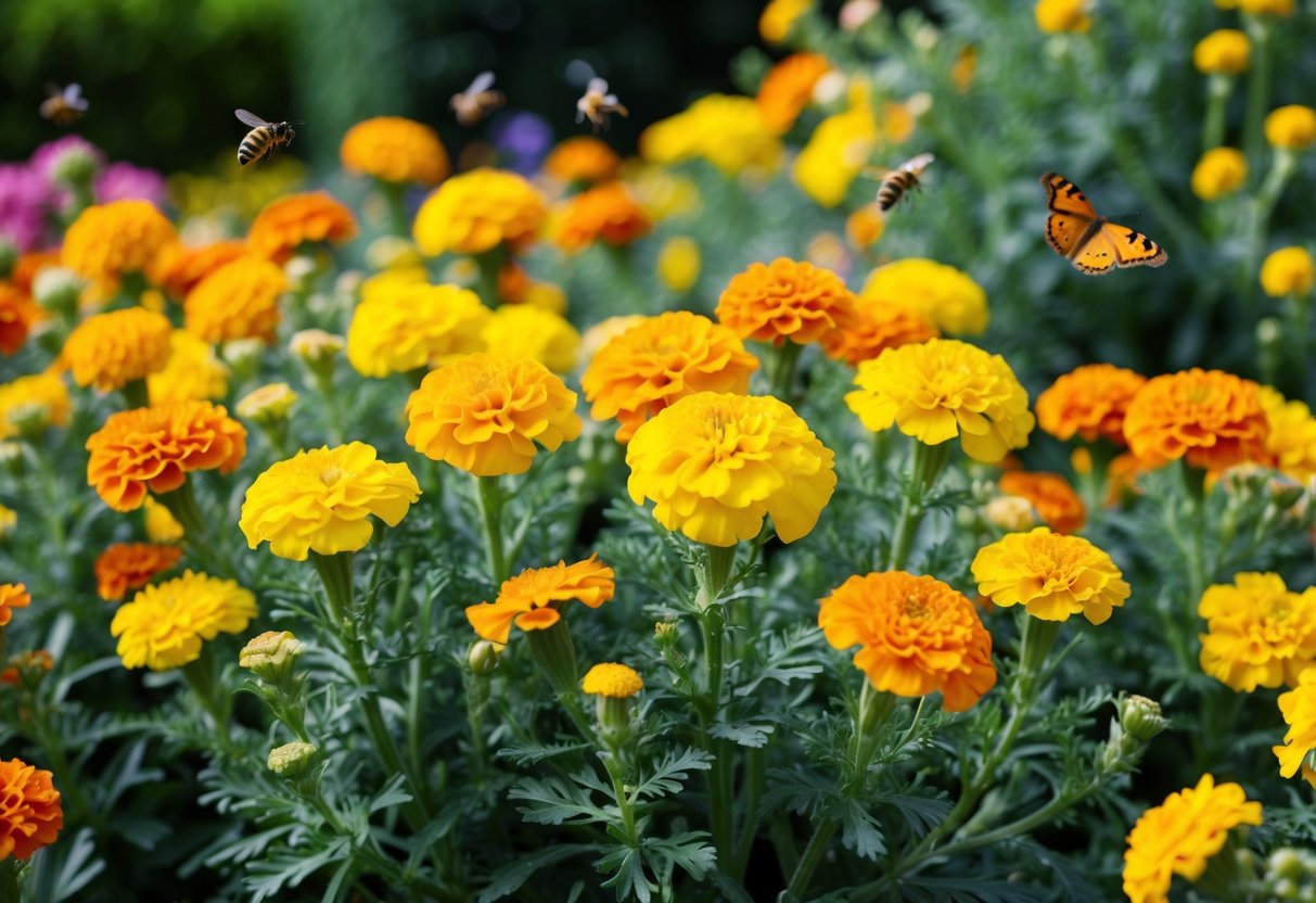 A lush garden bed filled with vibrant marigold flowers in various shades of yellow and orange, surrounded by buzzing bees and fluttering butterflies