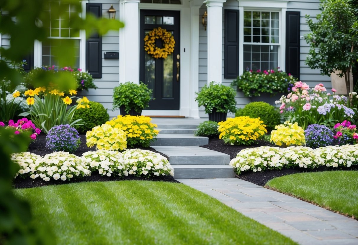 A neatly trimmed front garden with colorful flowers, a well-kept lawn, and a pathway leading to the front door