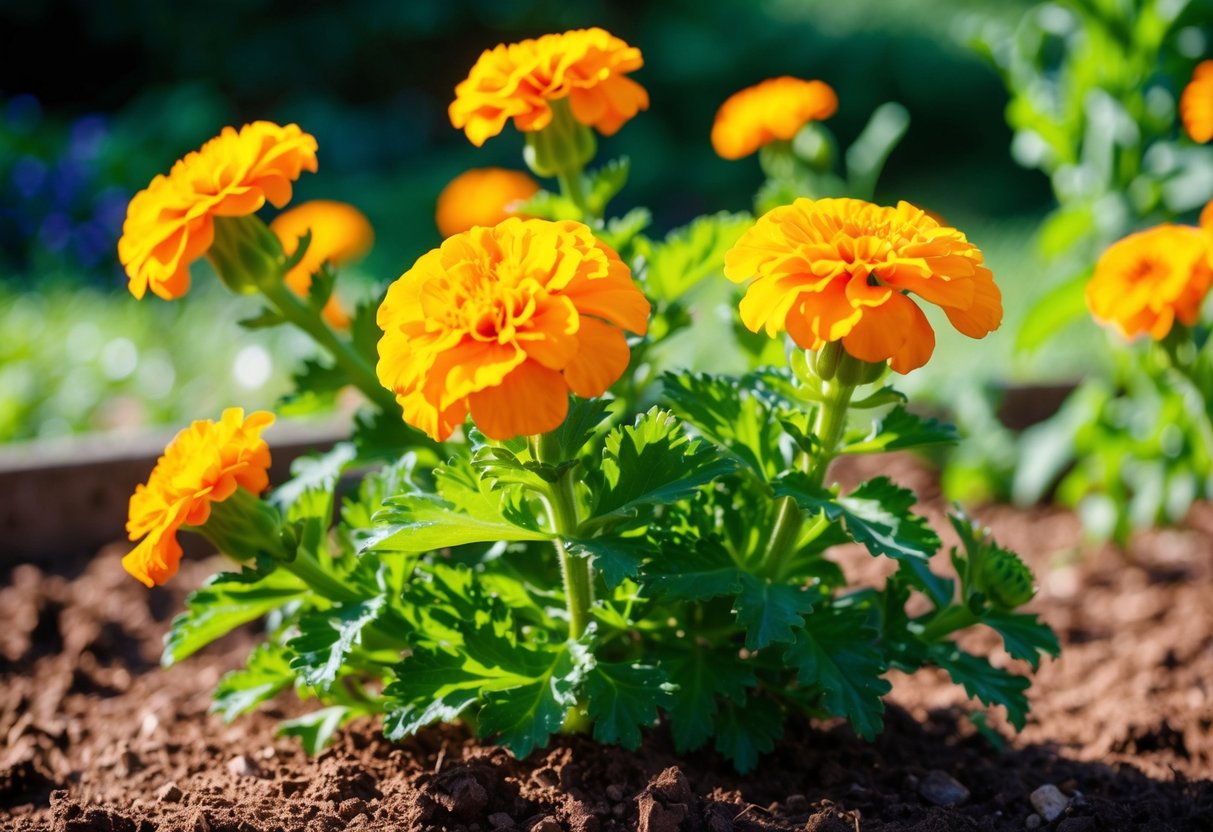 A vibrant marigold plant basks in the warm sunlight, its lush green leaves and bright orange flowers standing out against the rich soil of a well-tended garden bed