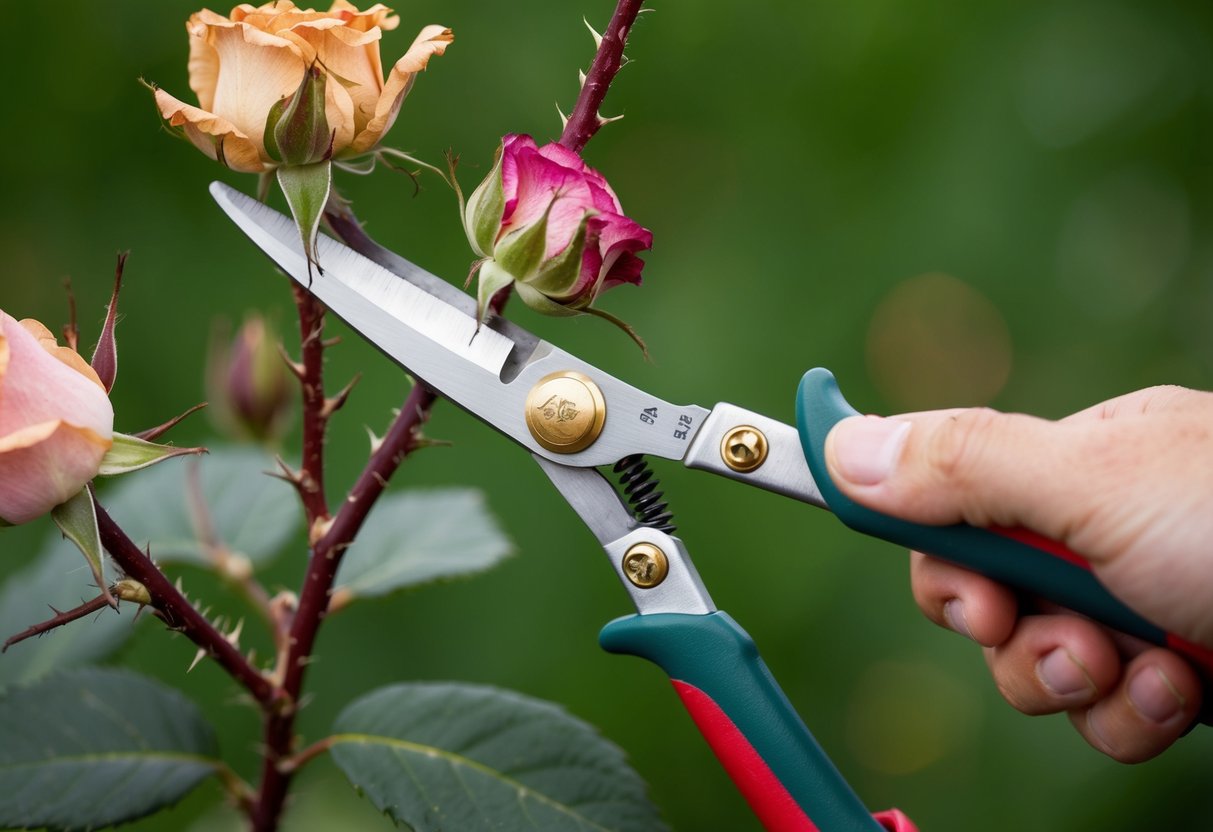 A pair of pruning shears snipping off withered rose blooms from a thorny stem