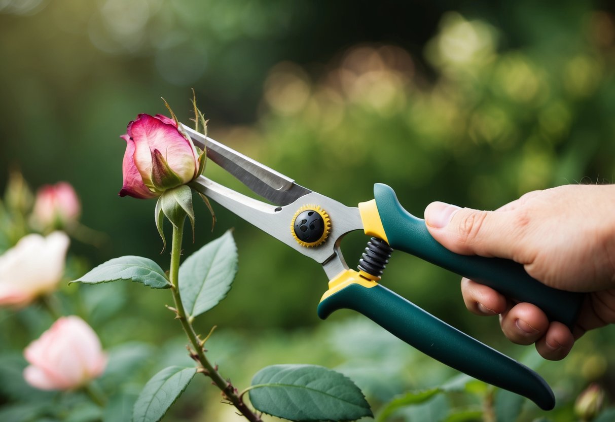 A pair of pruning shears snipping off a withered rose bloom from a healthy stem in a garden